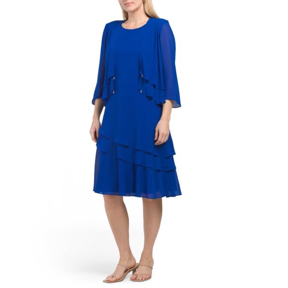 ALEX EVENING Royal 2pc Jacket And Dress Set With Triple Tier Hem - Picture 1 of 2